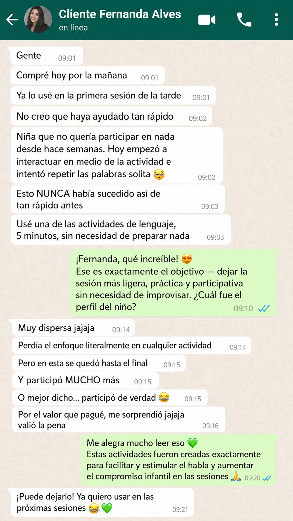 Conversación de WhatsApp con Fernanda sobre el material