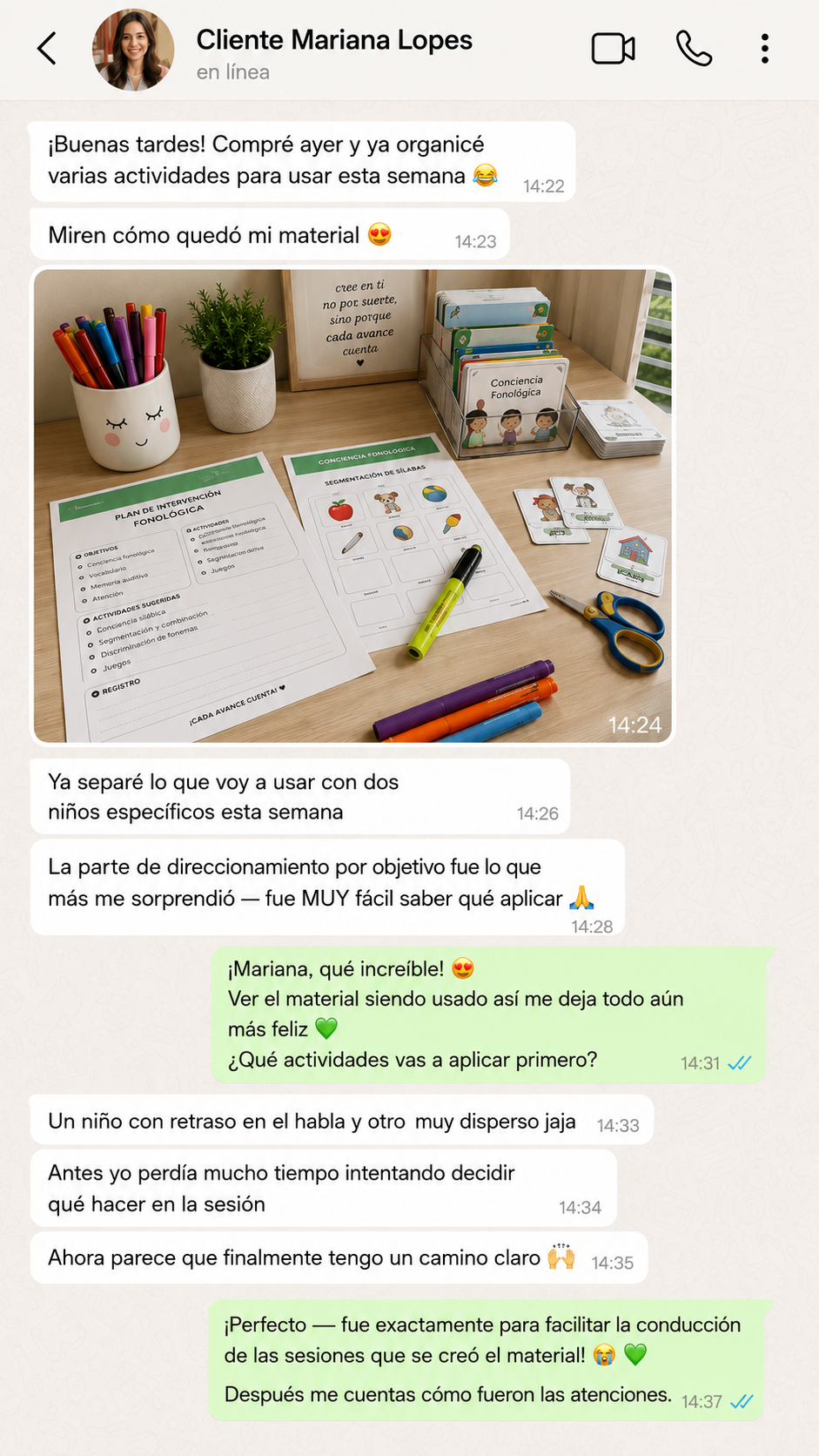Conversación de WhatsApp con Mariana sobre el material